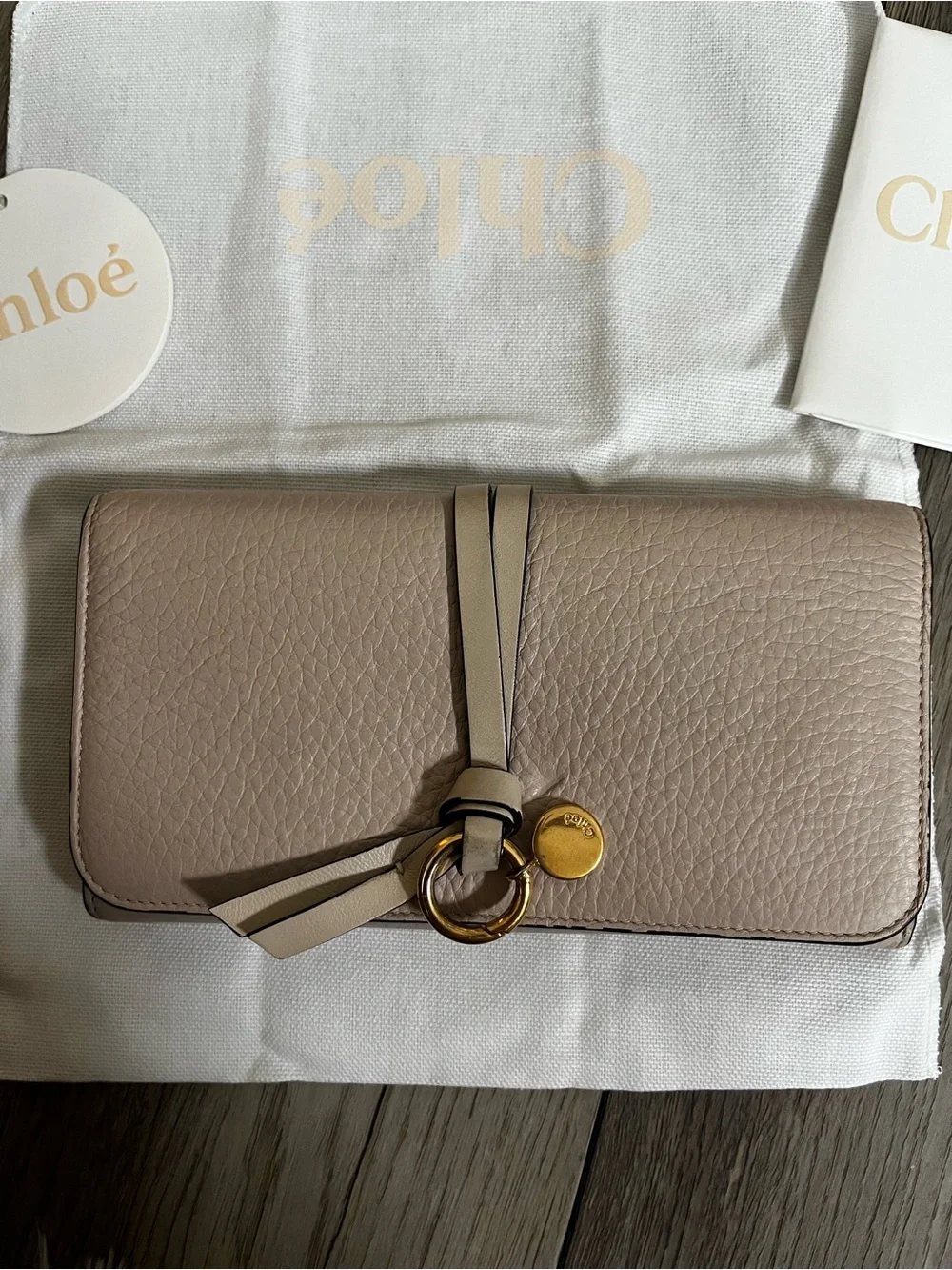 Chloé Taupe Leather Wallet with Gold Ring and Tassel
